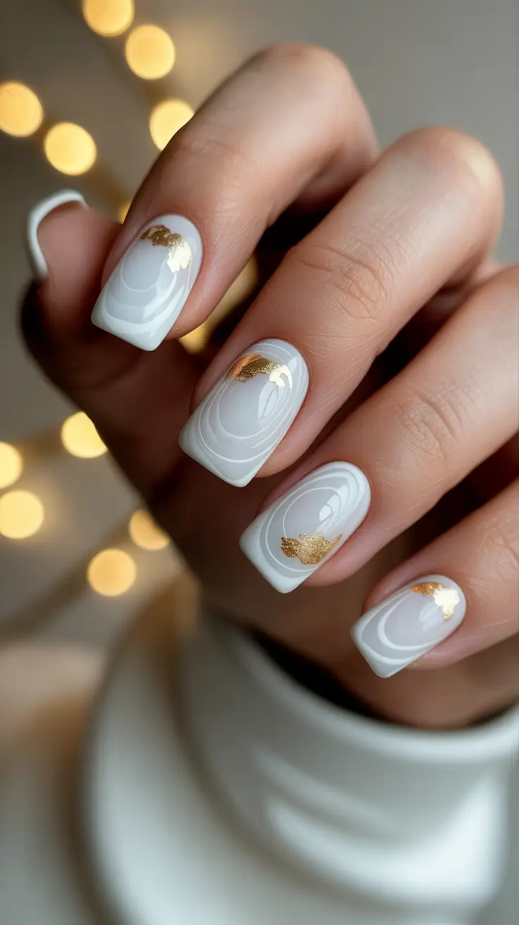 May Nails Ideas 2026 Milky White Swirls with Gold Foil Accents