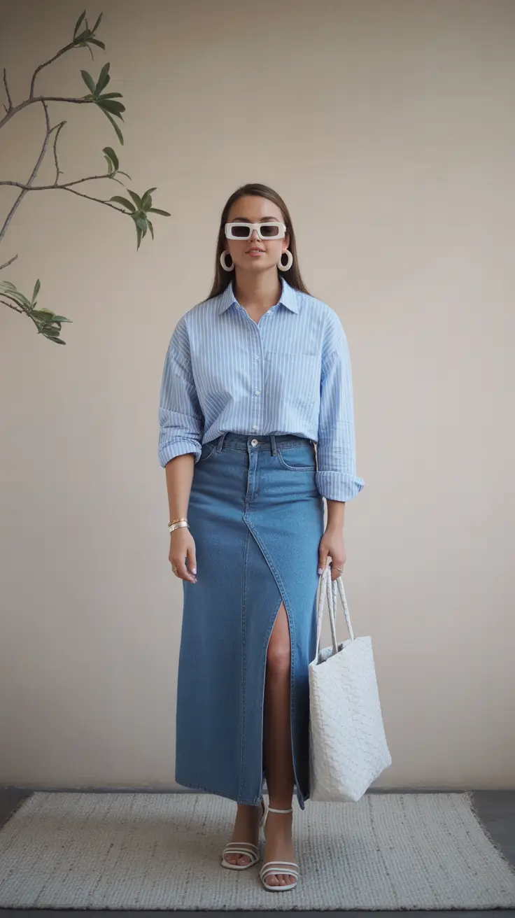 May outfits ideas 2026 Classic Shirt and Denim Skirt With Clean Minimal Energy