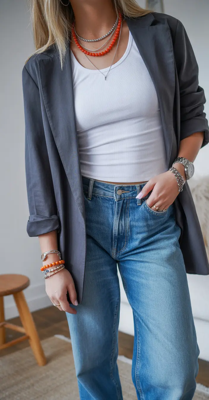 May outfits ideas 2026 Relaxed Blazer and Denim With a Pop Detail