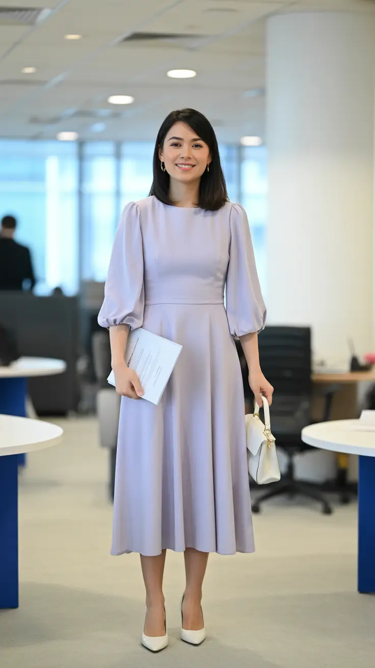 May outfits ideas 2026 Soft Lilac Dress With Modern Office Ease