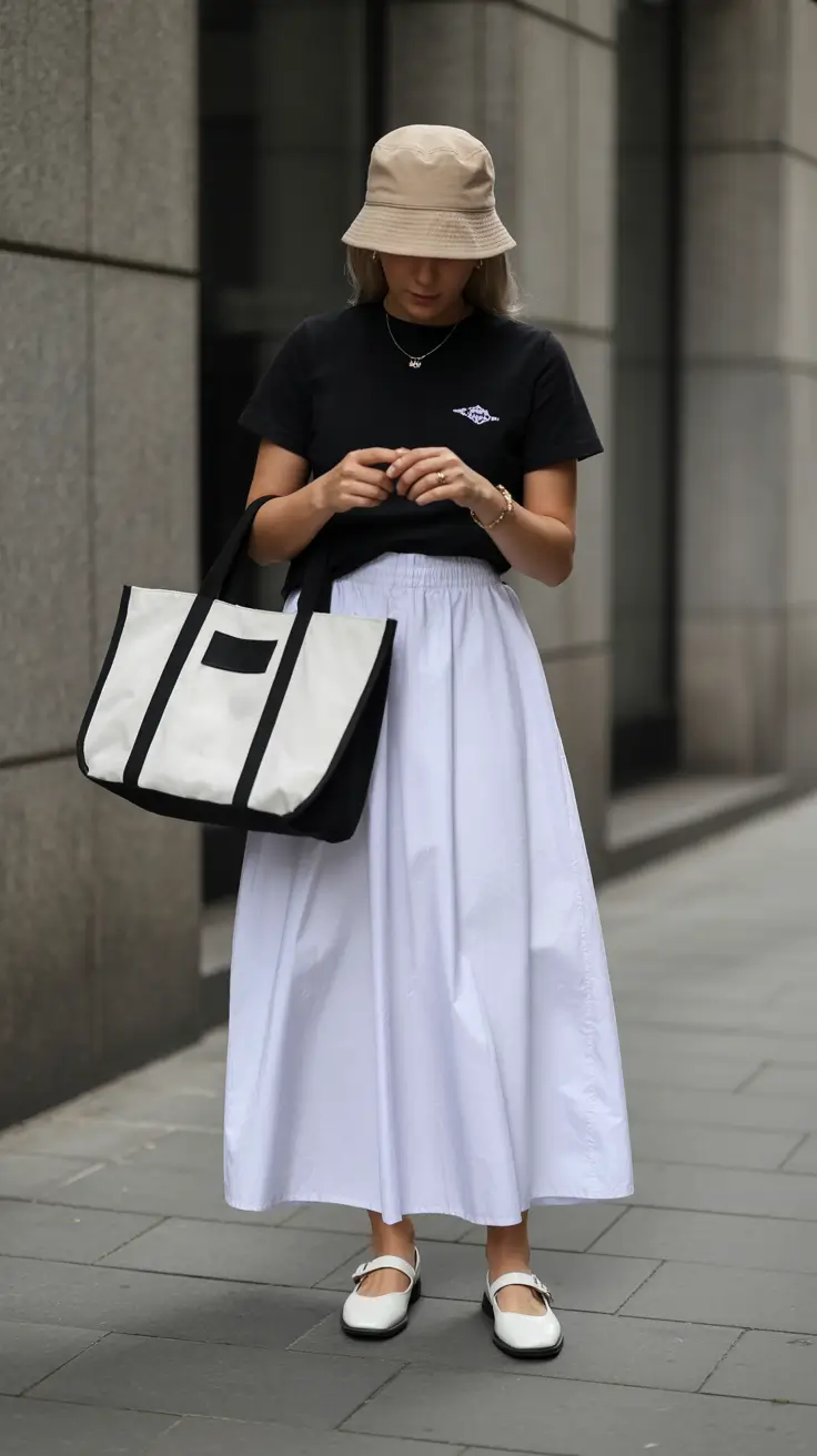 May outfits ideas 2026 Minimal Black Tee and White Skirt With Urban Ease