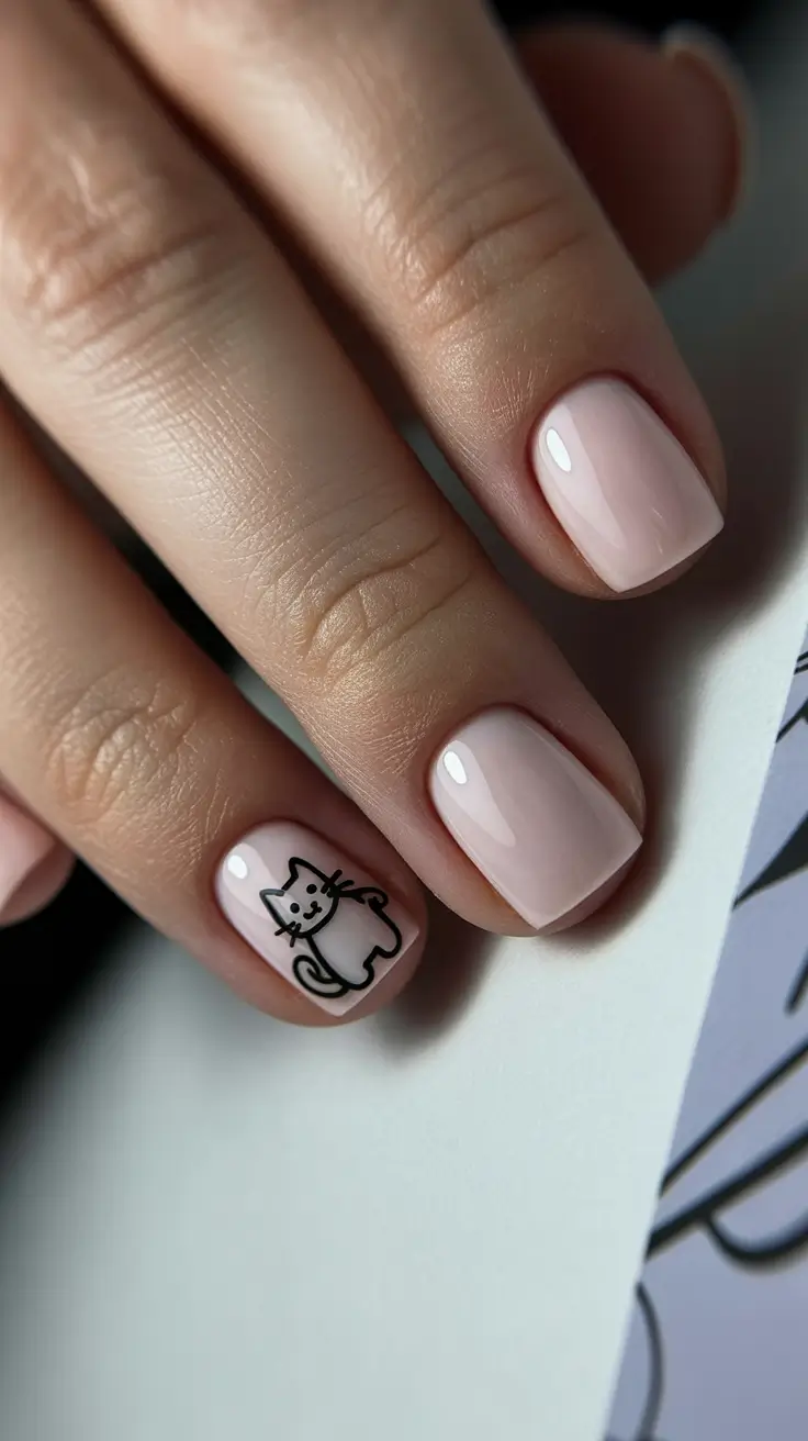 short spring nails Minimal Nude Nails With Cute Cat Line Art