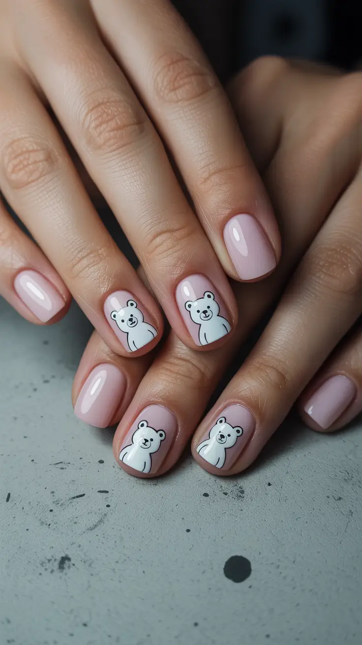 short spring nails Soft Blush Nails With Cute Teddy Bear Art