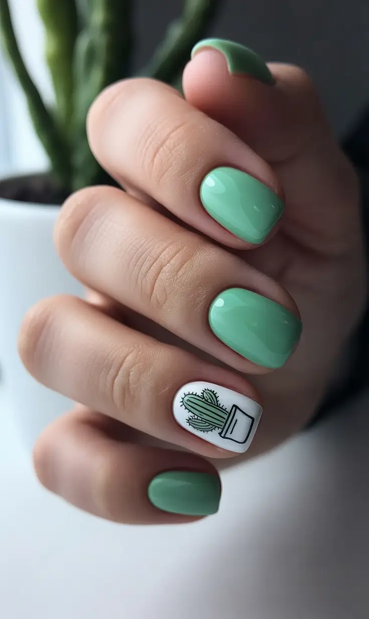 short spring nails Mint Green Nails With Minimal Cactus Accent