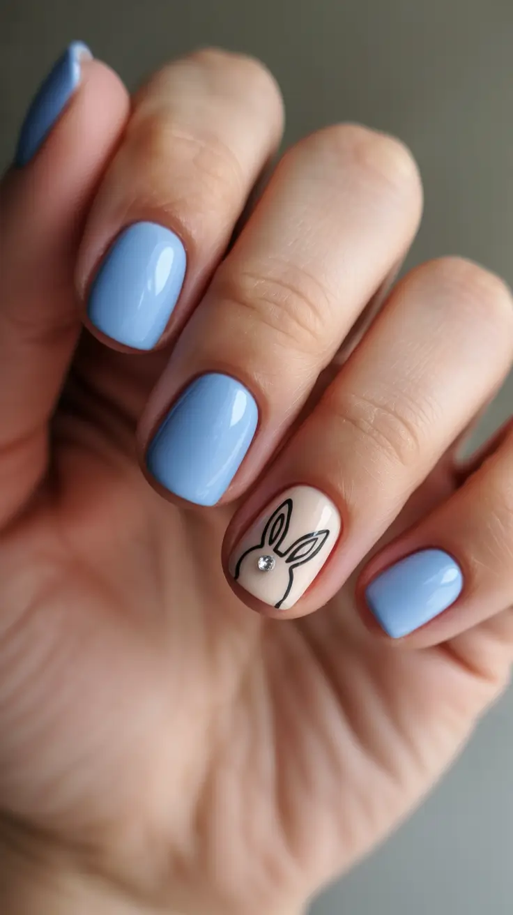short spring nails Pastel Blue Nails With Bunny Accent