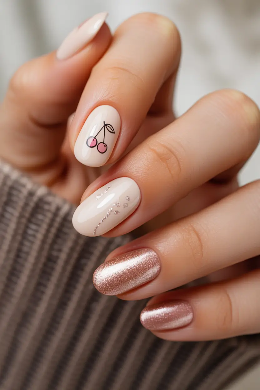 short spring nails Milky Nails With Cherry Art And Rose Chrome Accent