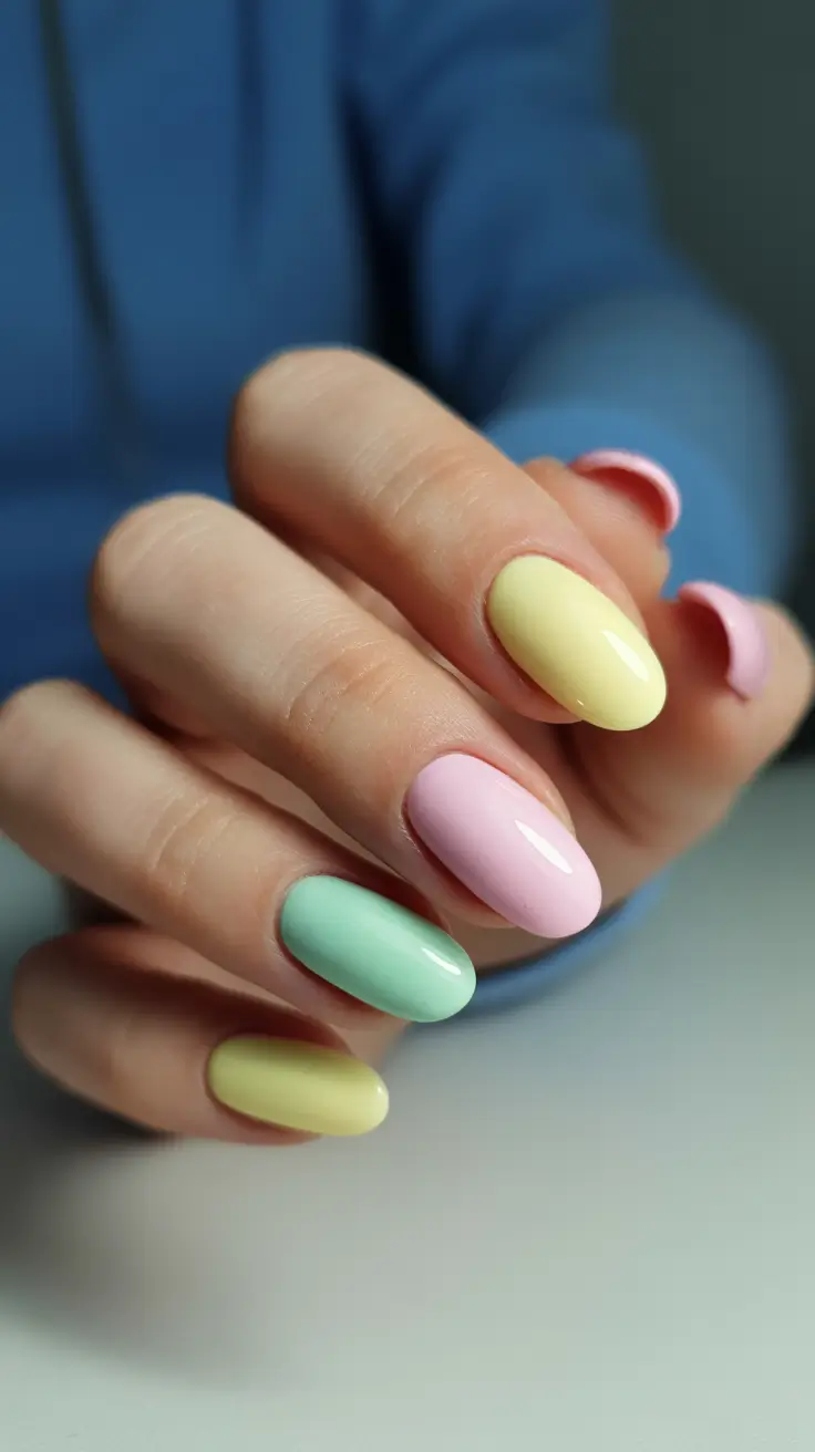 short spring nails Soft Pastel Almond Rainbow Nails