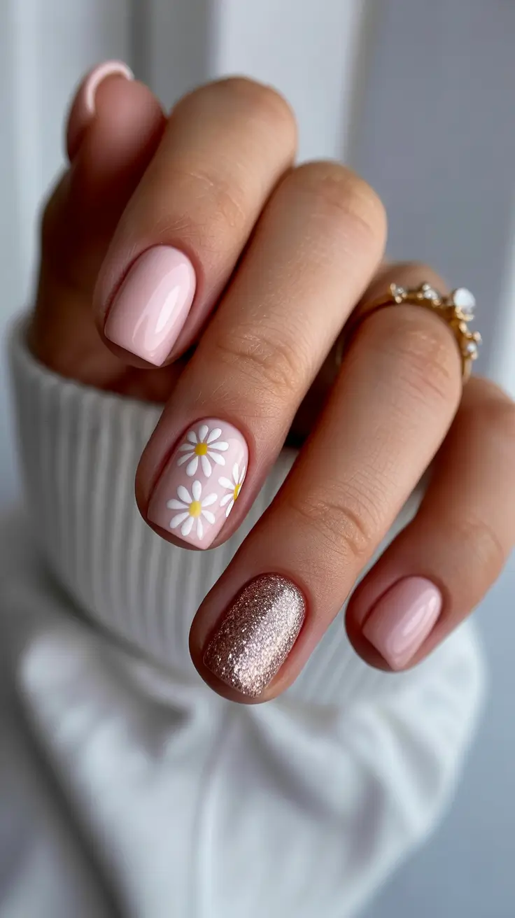 short spring nails Blush Pink Daisy Spring Nails