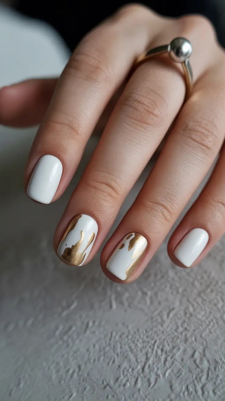 short spring nails Milky White Nails With Liquid Gold Accent
