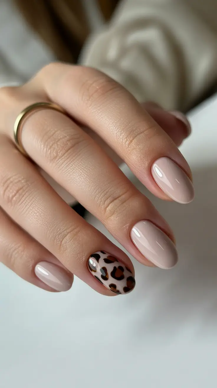 short spring nails Soft Beige Nails With Playful Leopard Accent
