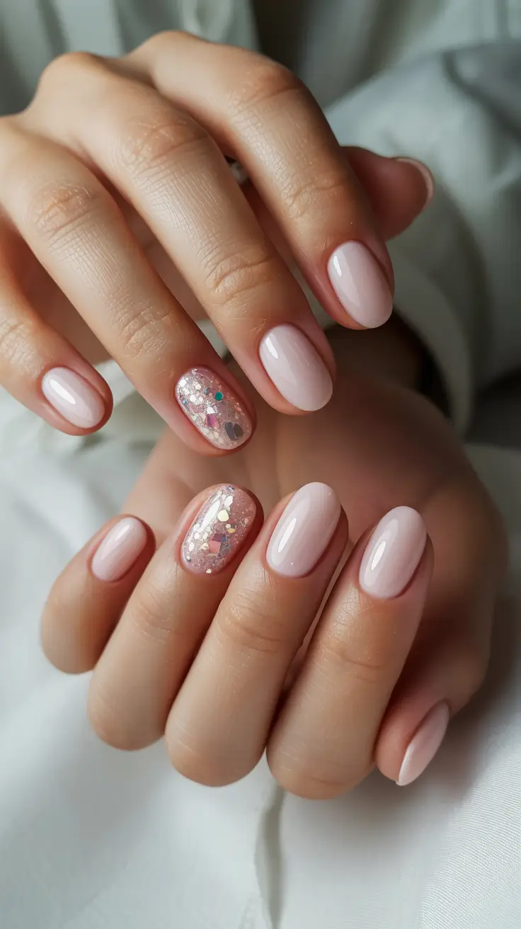 short spring nails Blush Pink Nails With Confetti Glitter Accent