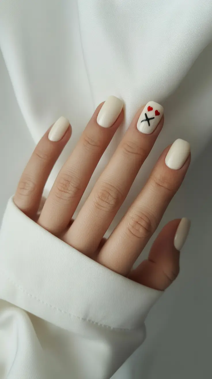 short spring nails Creamy Ivory Nails With Minimal Love Art