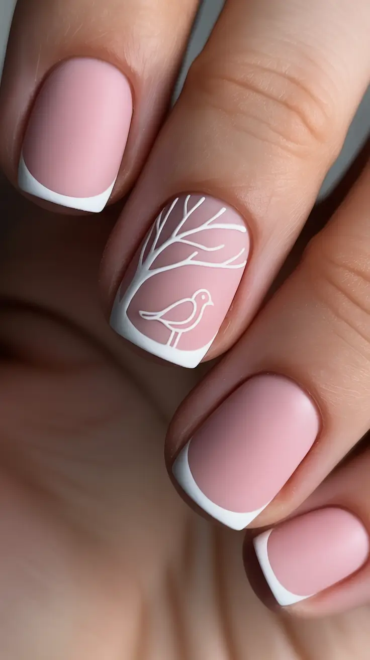 short spring nails Soft Pink French With Delicate Bird Line Art
