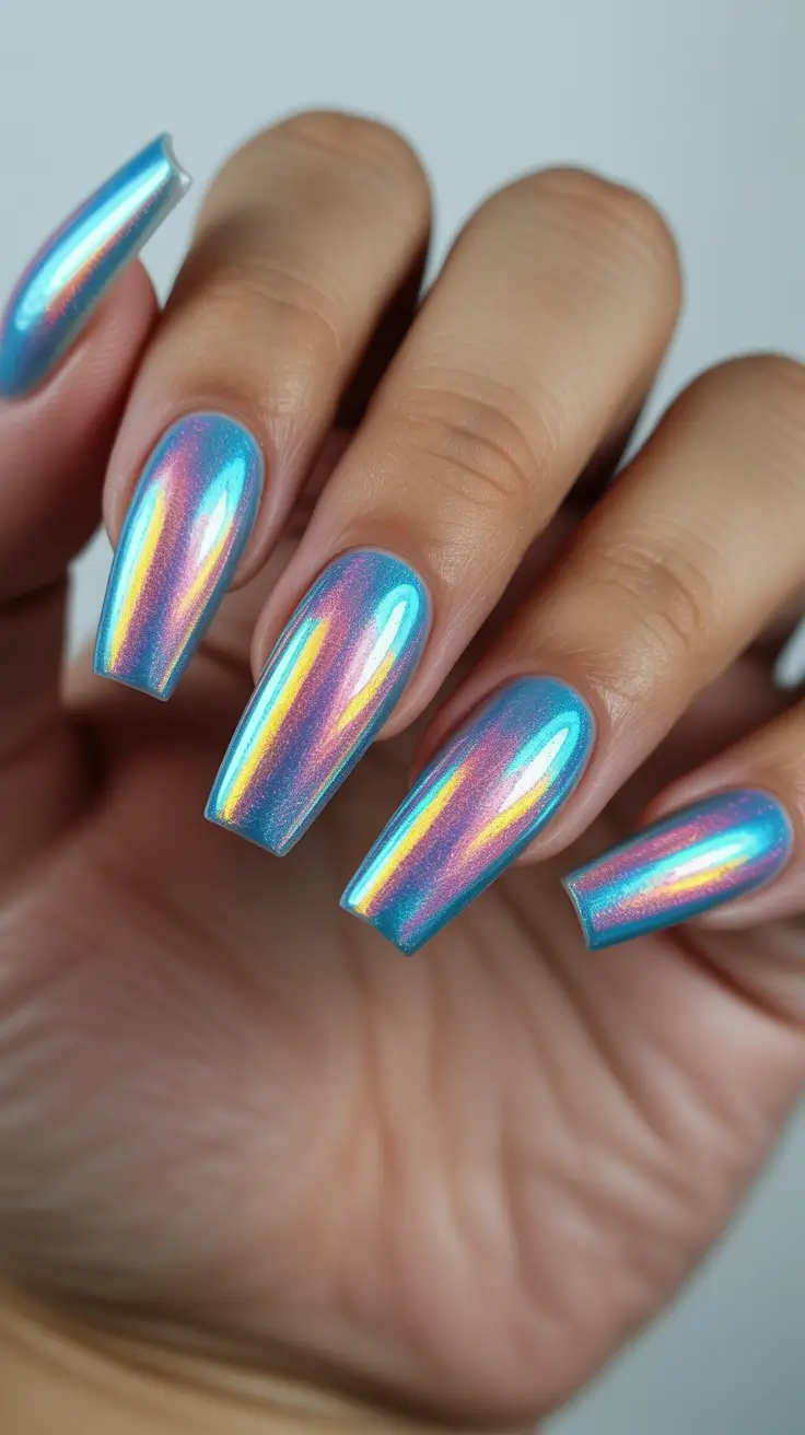 spring aura nails Holographic Blue Aura Chrome Nails