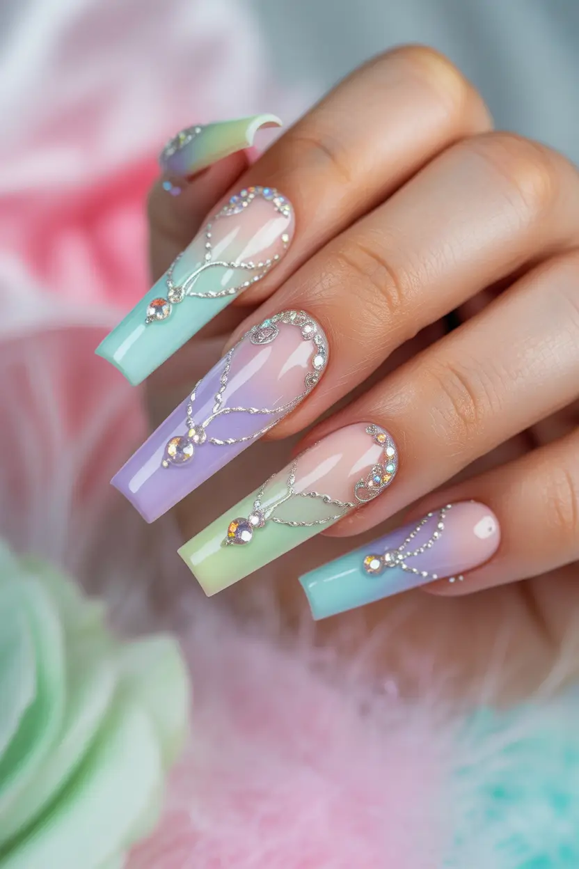 spring aura nails Pastel Aura Rhinestone Statement Nails