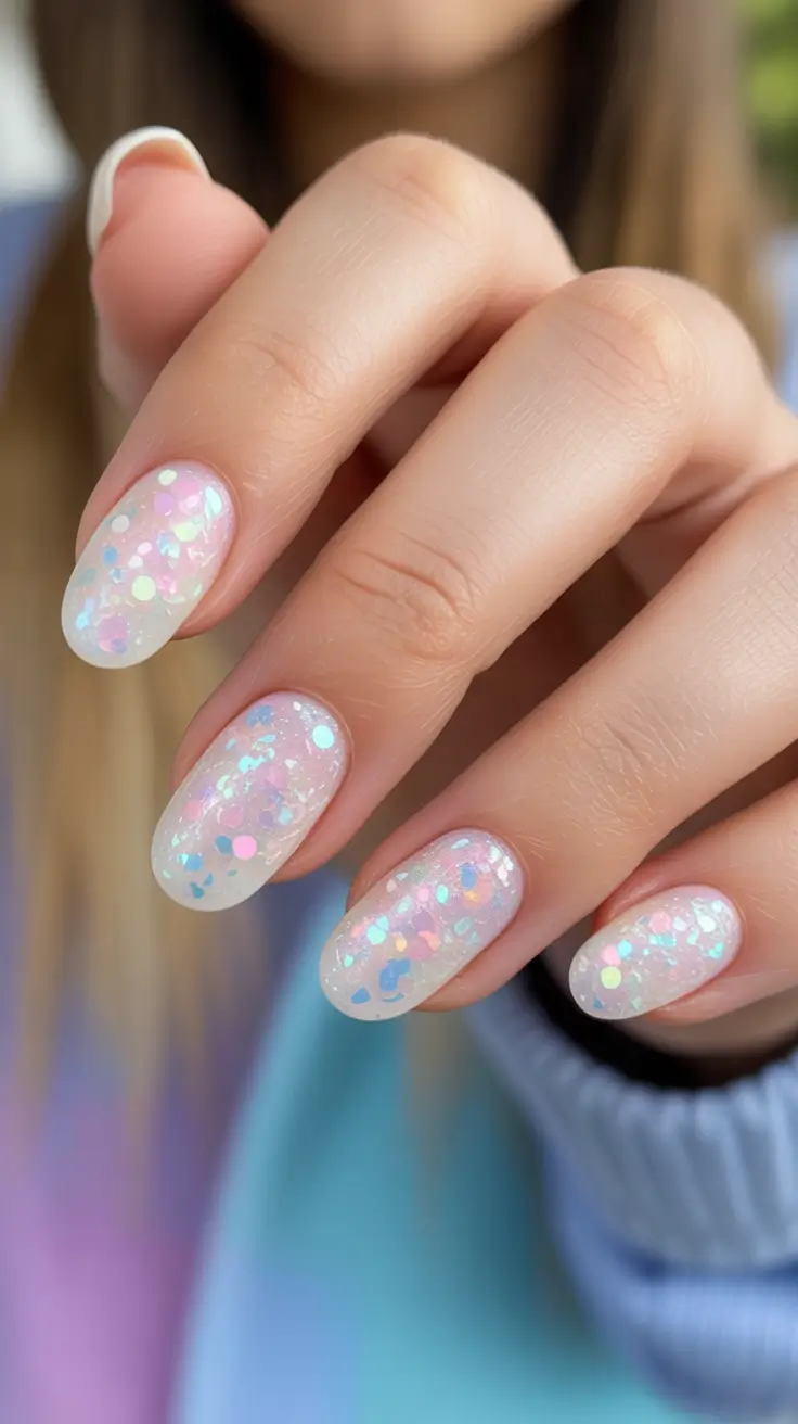 spring aura nails Milky White Confetti Aura Nails