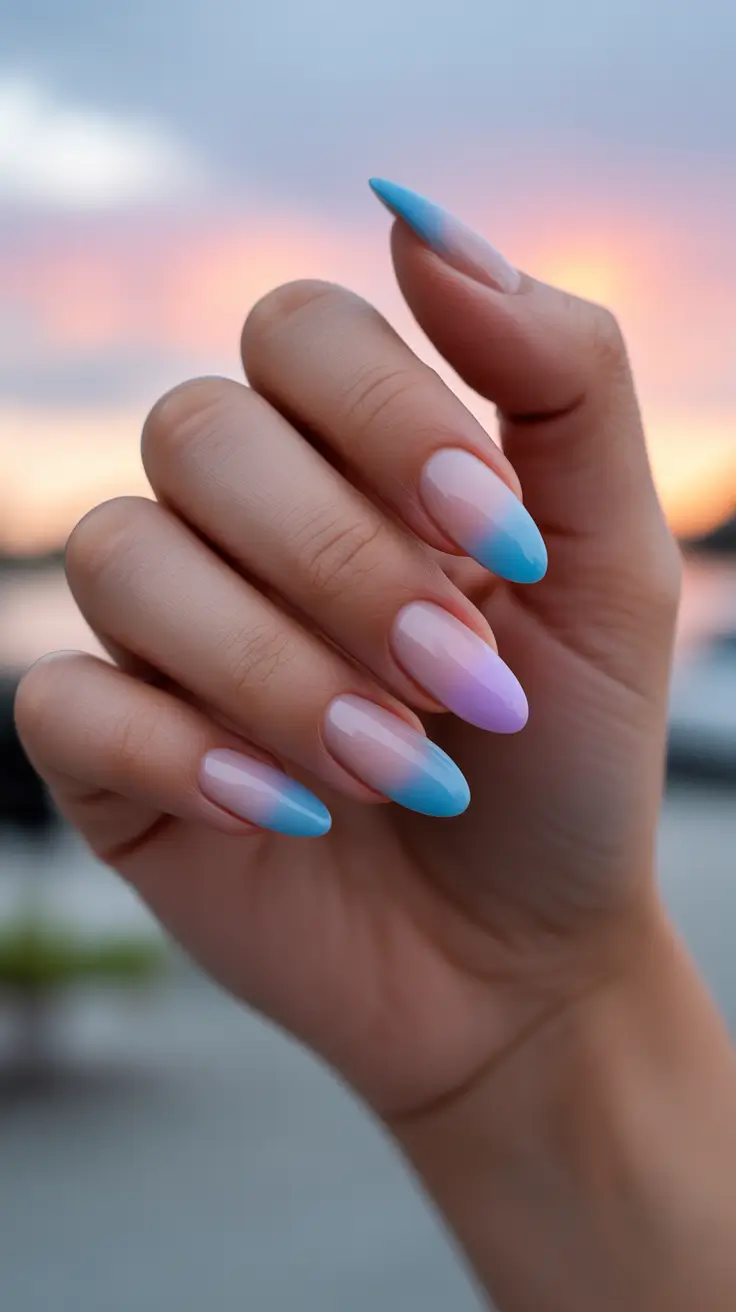 spring aura nails Sunset Blue Aura Almond Nails