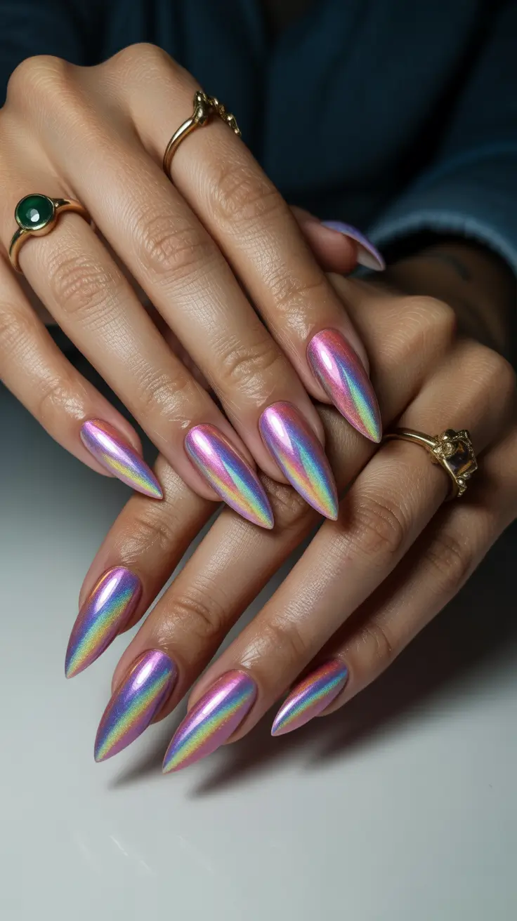spring aura nails Rose Chrome Aura Stiletto Nails