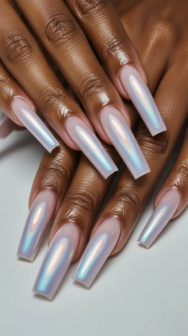 spring aura nails Milky Iridescent Aura Coffin Nails