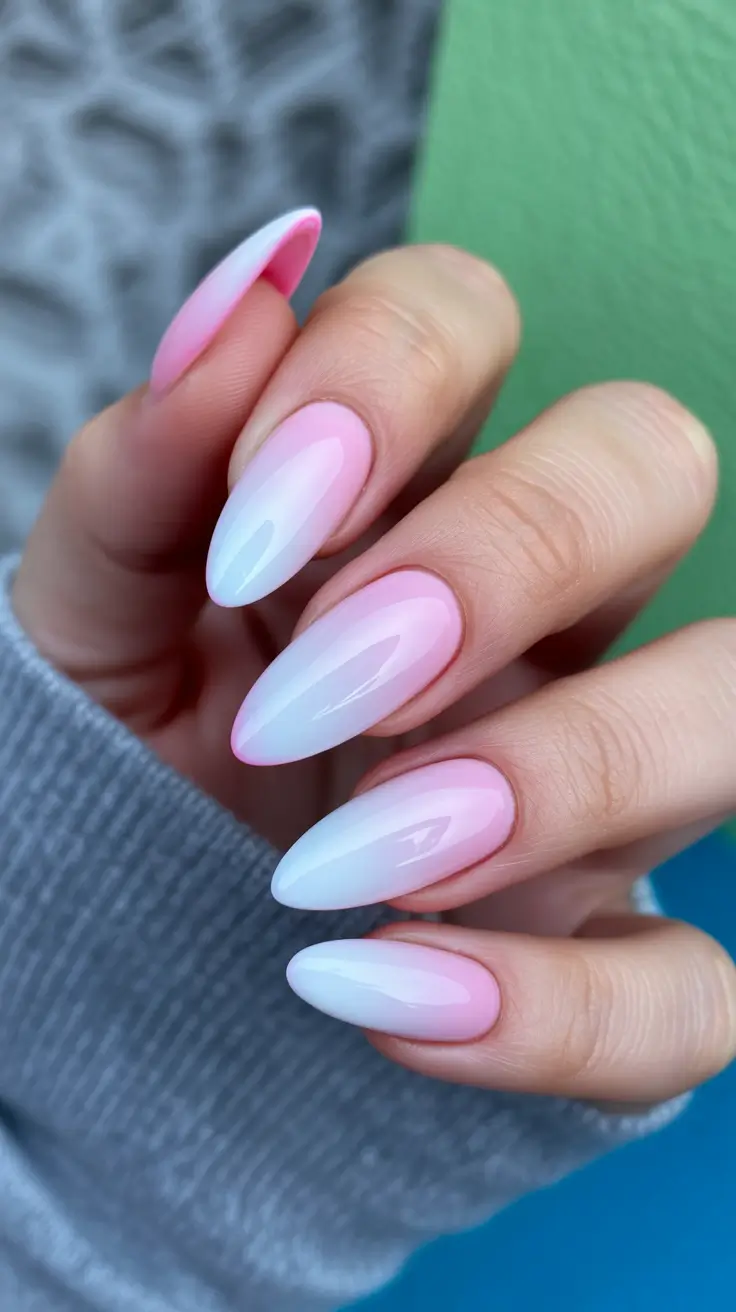 spring aura nails Pink and Blue Soft Aura Almond Nails