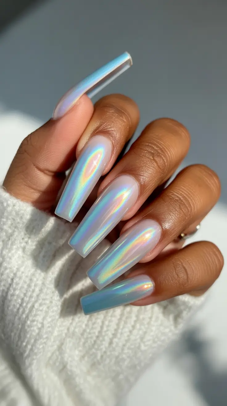 spring aura nails Iridescent Blue Aura Chrome Nails
