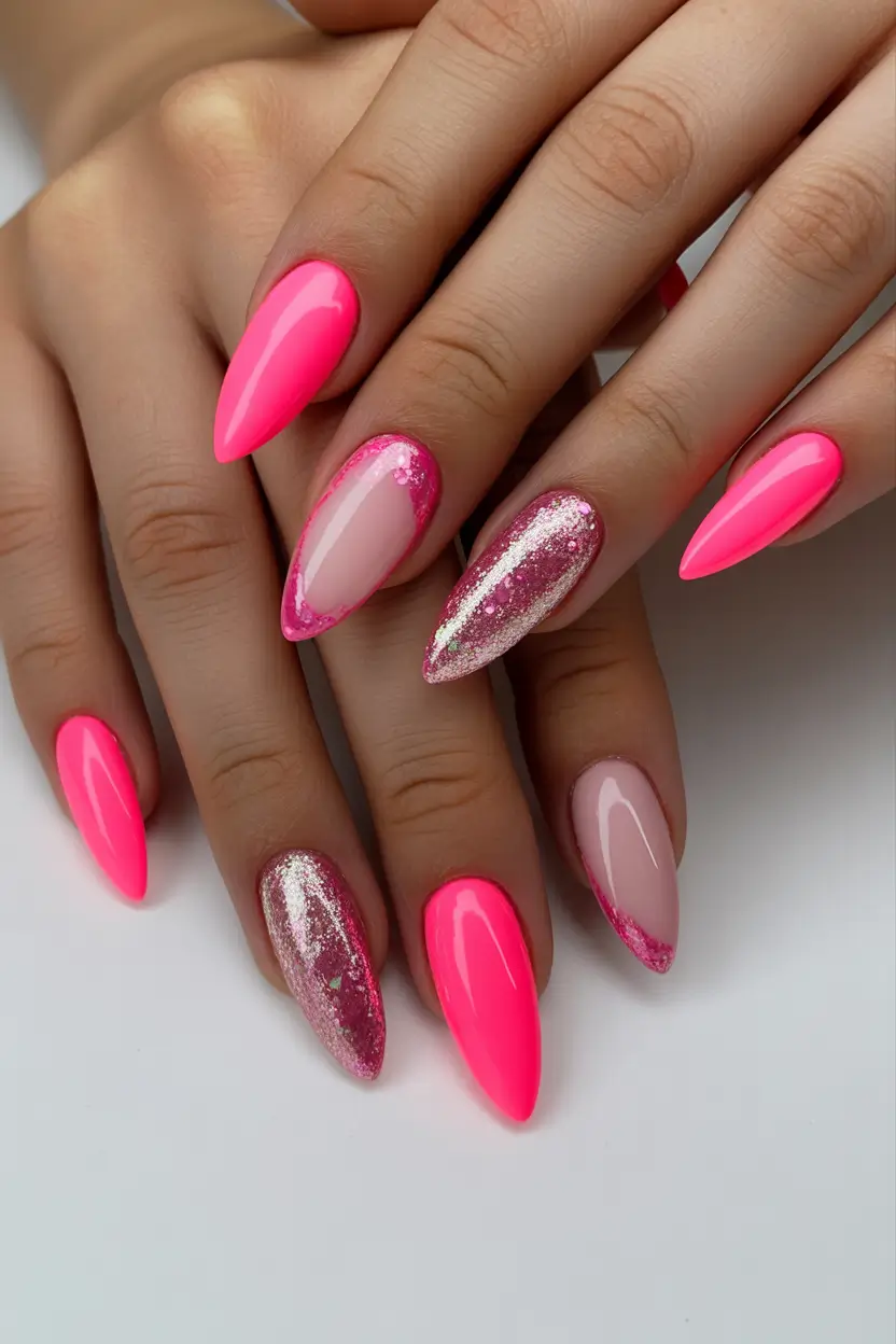 spring hot pink nails Glossy Neon Almond Nails That Feel Instantly Spring