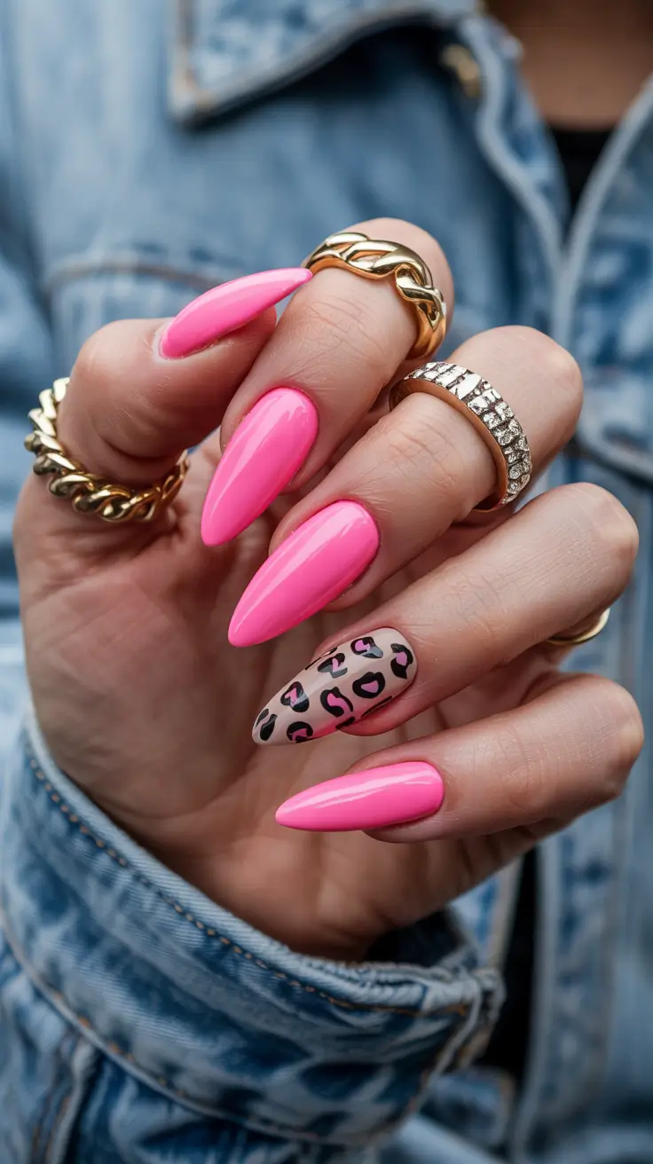 spring hot pink nails Glossy Pink Nails With Leopard Accent Design