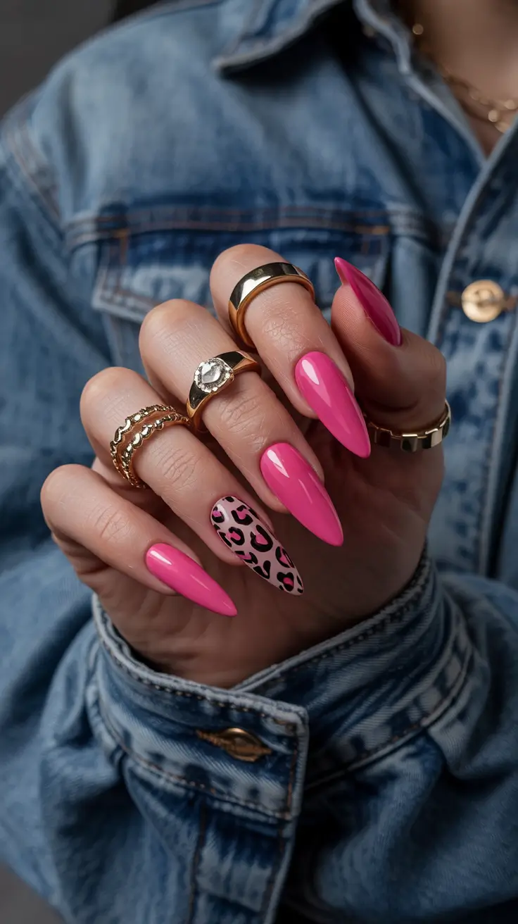 spring hot pink nails Bold Almond Hot Pink Nails With Leopard Accent Energy