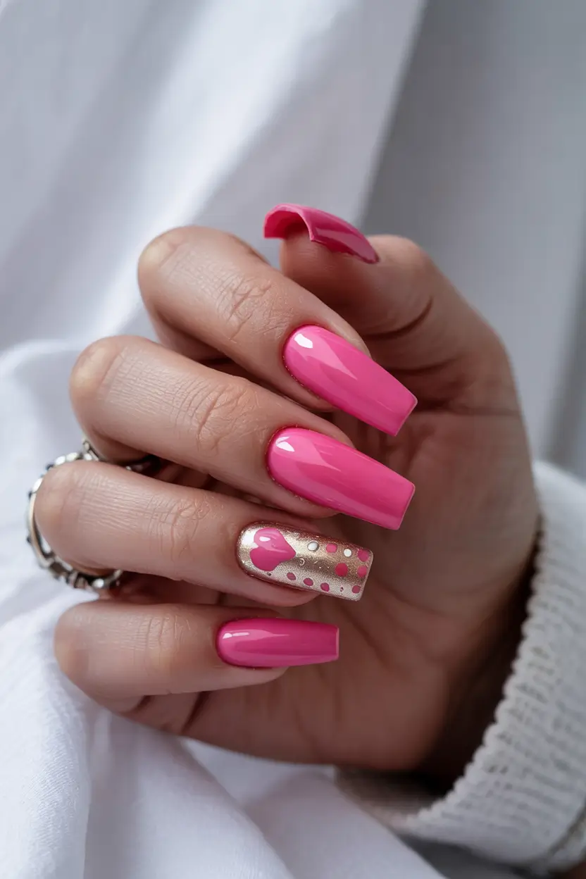 spring hot pink nails Long Pink Nails With Glitter Heart Accent