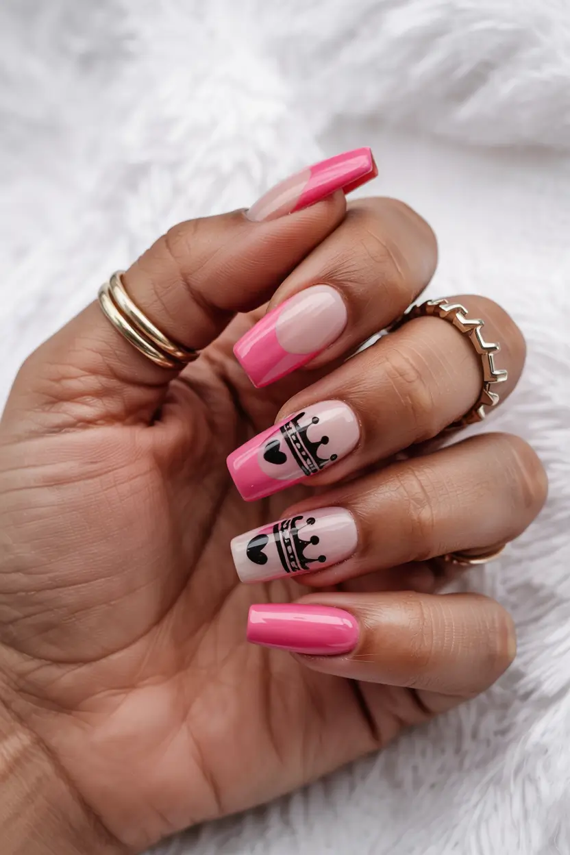 spring hot pink nails Pink French Tip With Graphic Black Art