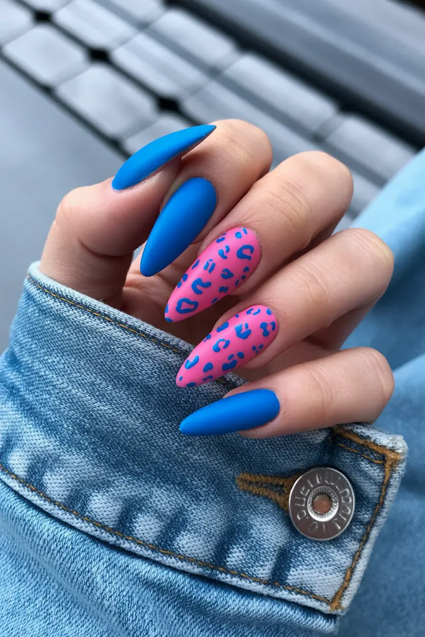 spring hot pink nails Electric Blue And Hot Pink Contrast Almond Nails