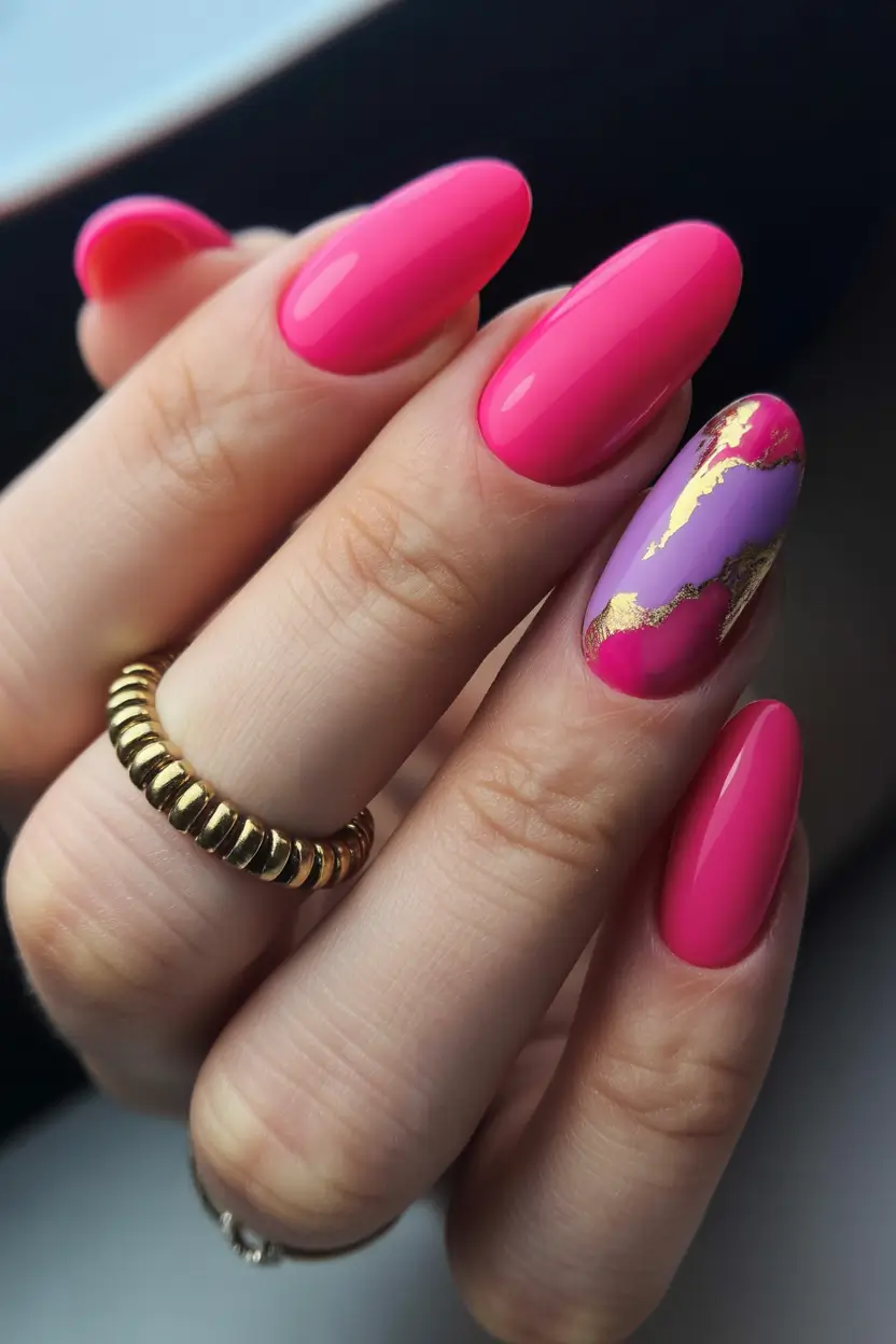 spring hot pink nails Soft Pink Nails With Gold Foil Marble Accent