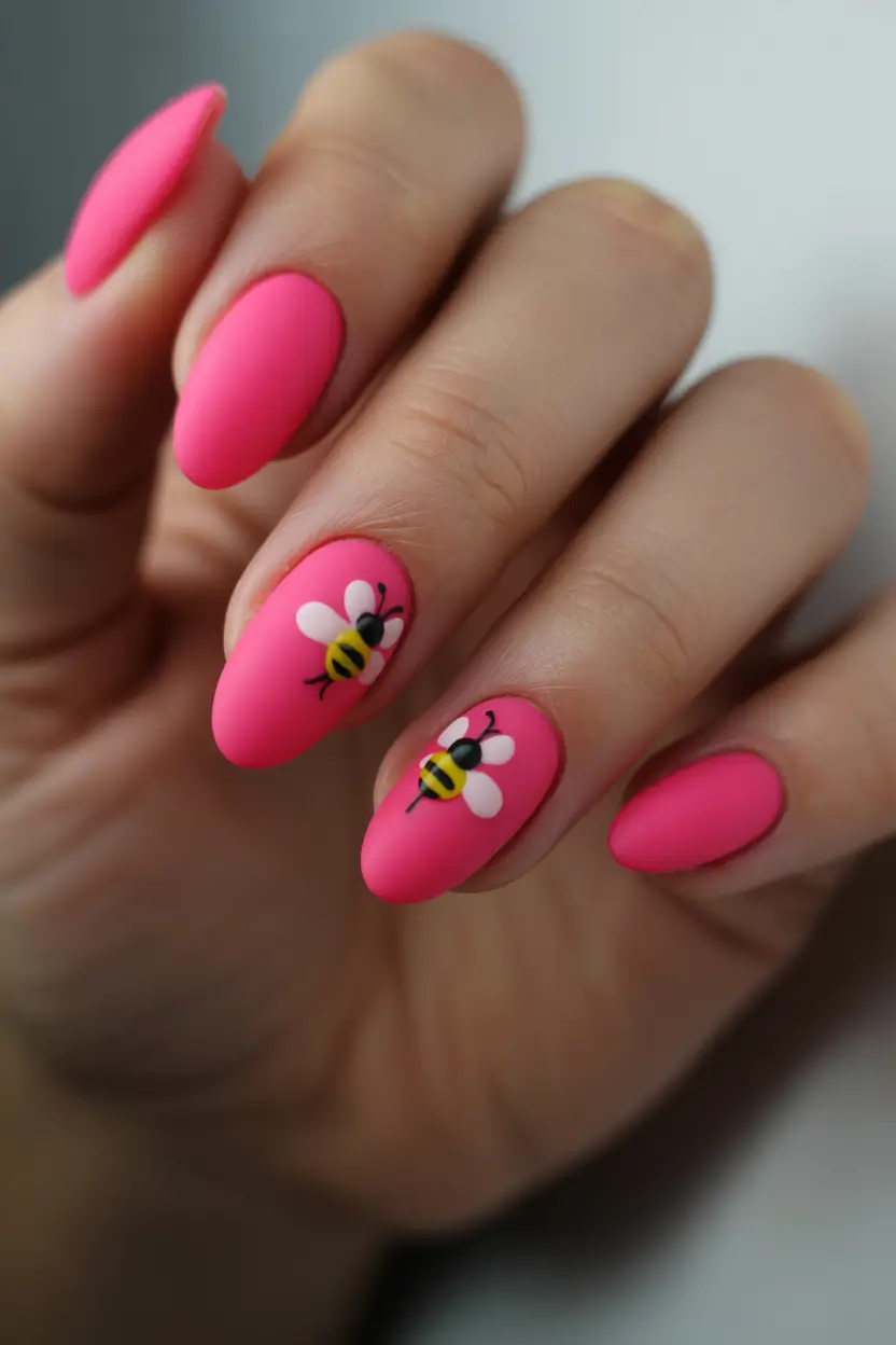 spring hot pink nails Matte Pink Almond Nails With Bee Art