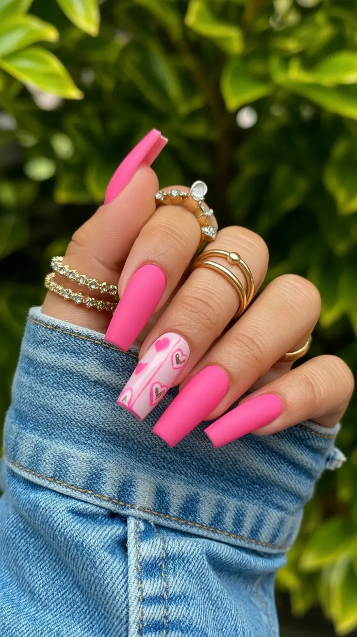 spring hot pink nails Long Matte Pink Nails With Romantic Heart Art