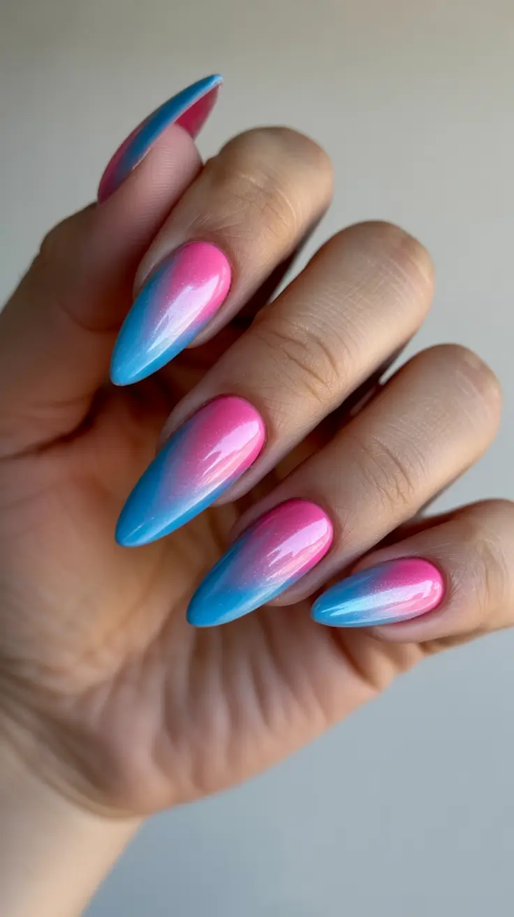 spring hot pink nails Pink And Blue Ombre Almond Nails With Soft Shine