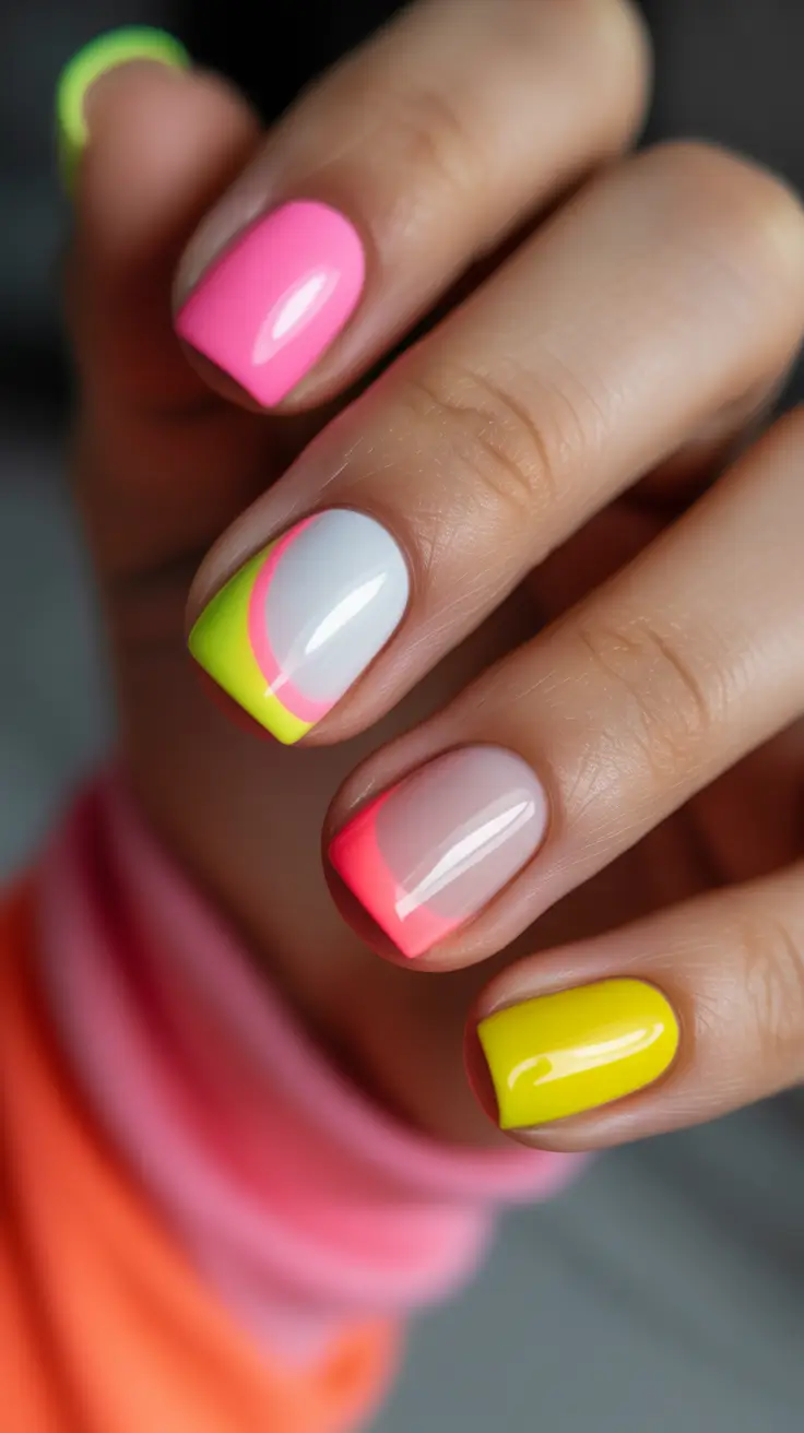 spring hot pink nails Short Neon French Mix With Yellow And White Accents