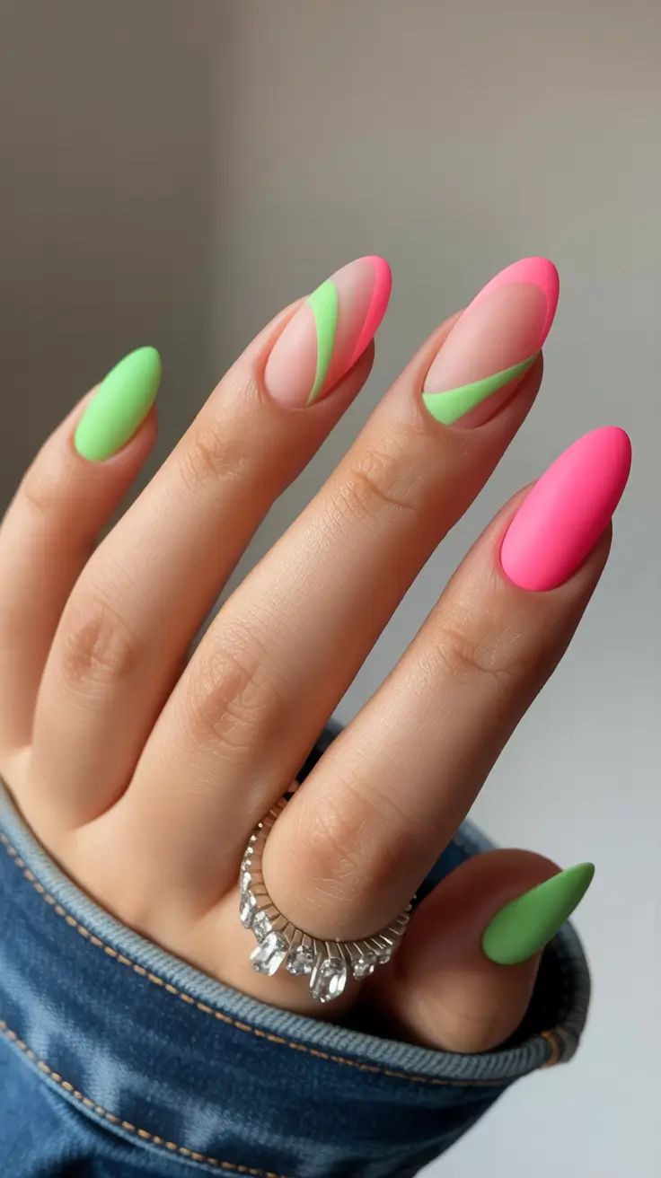 spring hot pink nails Graphic Pink And Green Almond Design With Minimal Lines
