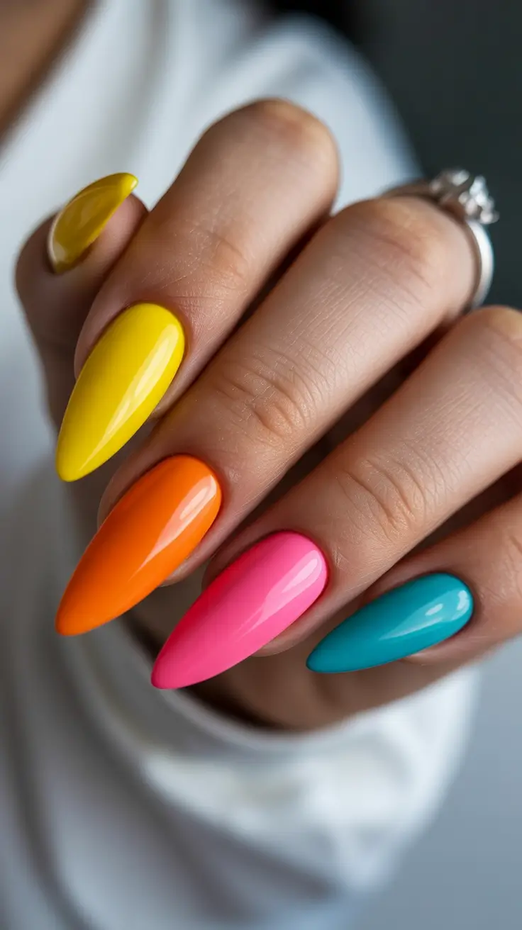 spring hot pink nails Colorful Almond Nails With Pink Orange And Blue Palette