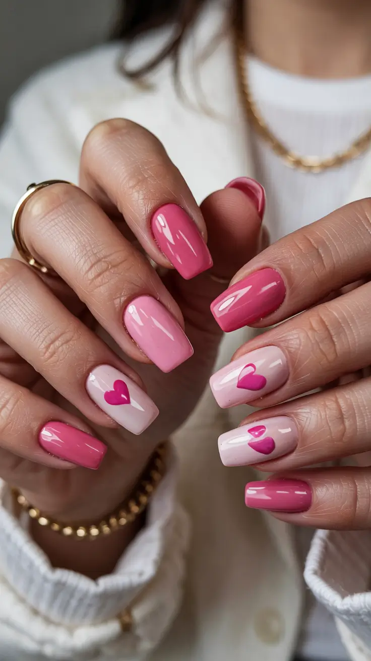 spring hot pink nails Short Cute Heart Design