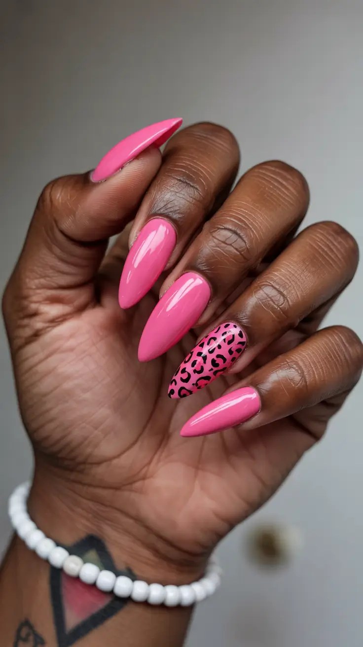 spring hot pink nails Almond Shape Animal Print Design