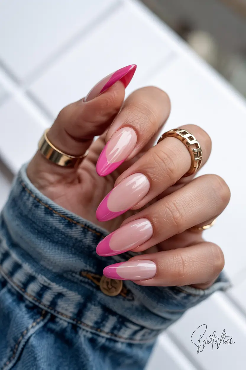 spring hot pink nails Diagonal French Tip Almond Shape Design