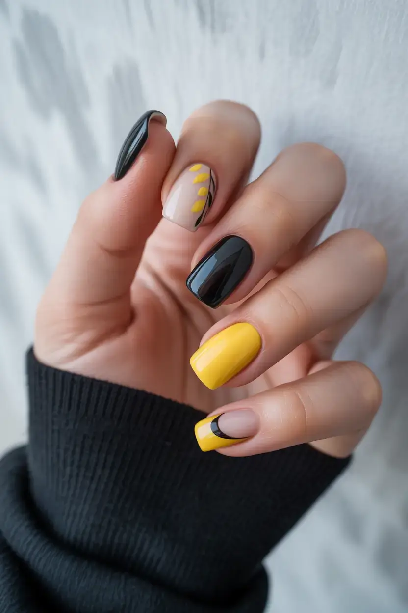 spring nails for pale skin Bold Yellow And Dark Contrast For Fresh Spring Energy