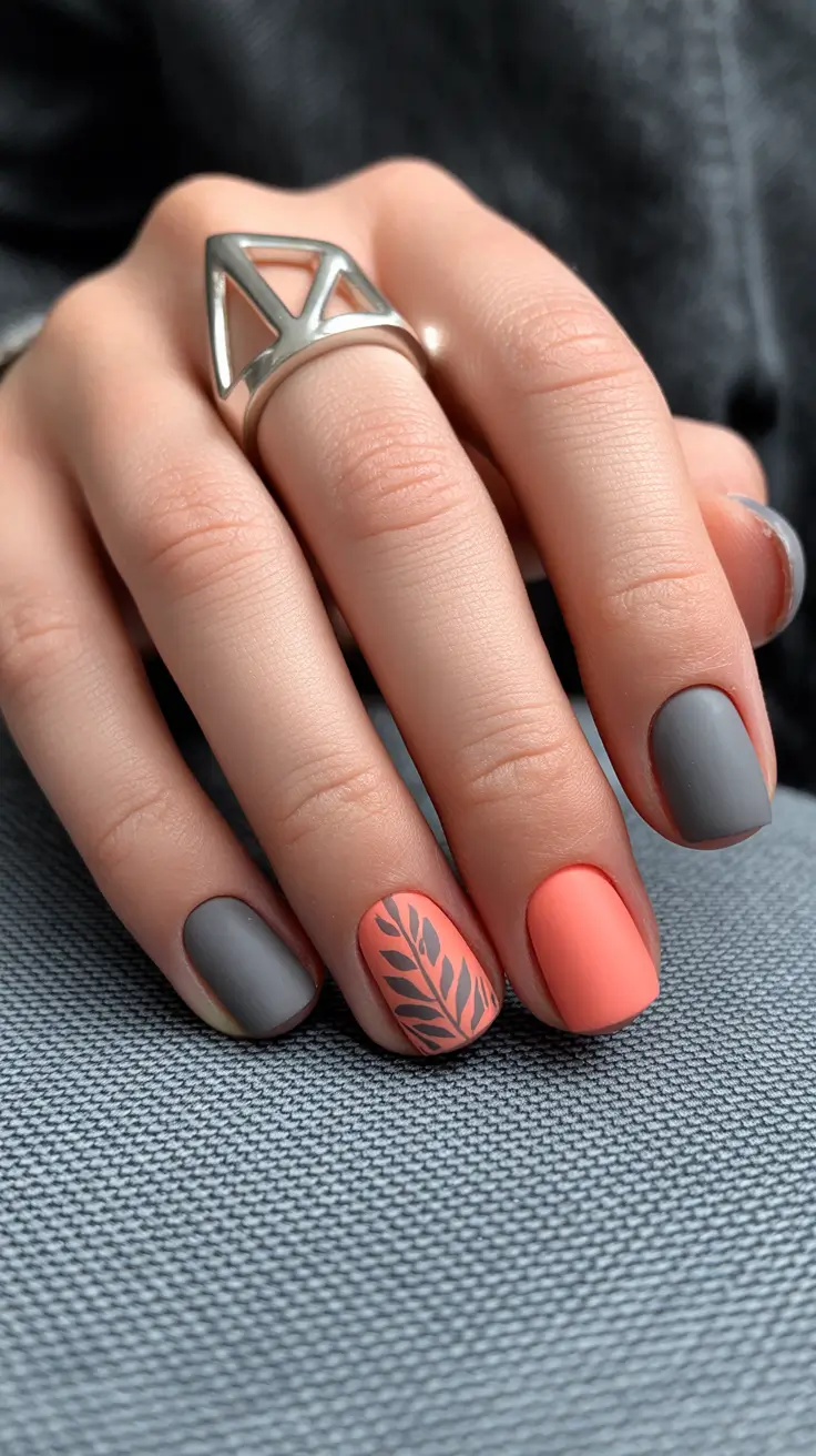 spring nails for pale skin Coral And Grey Matte Nails With Botanical Accent