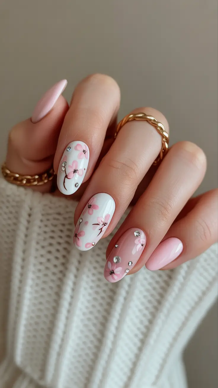 spring nails for pale skin Romantic Light Pink Floral Nails With Delicate Crystal Accents
