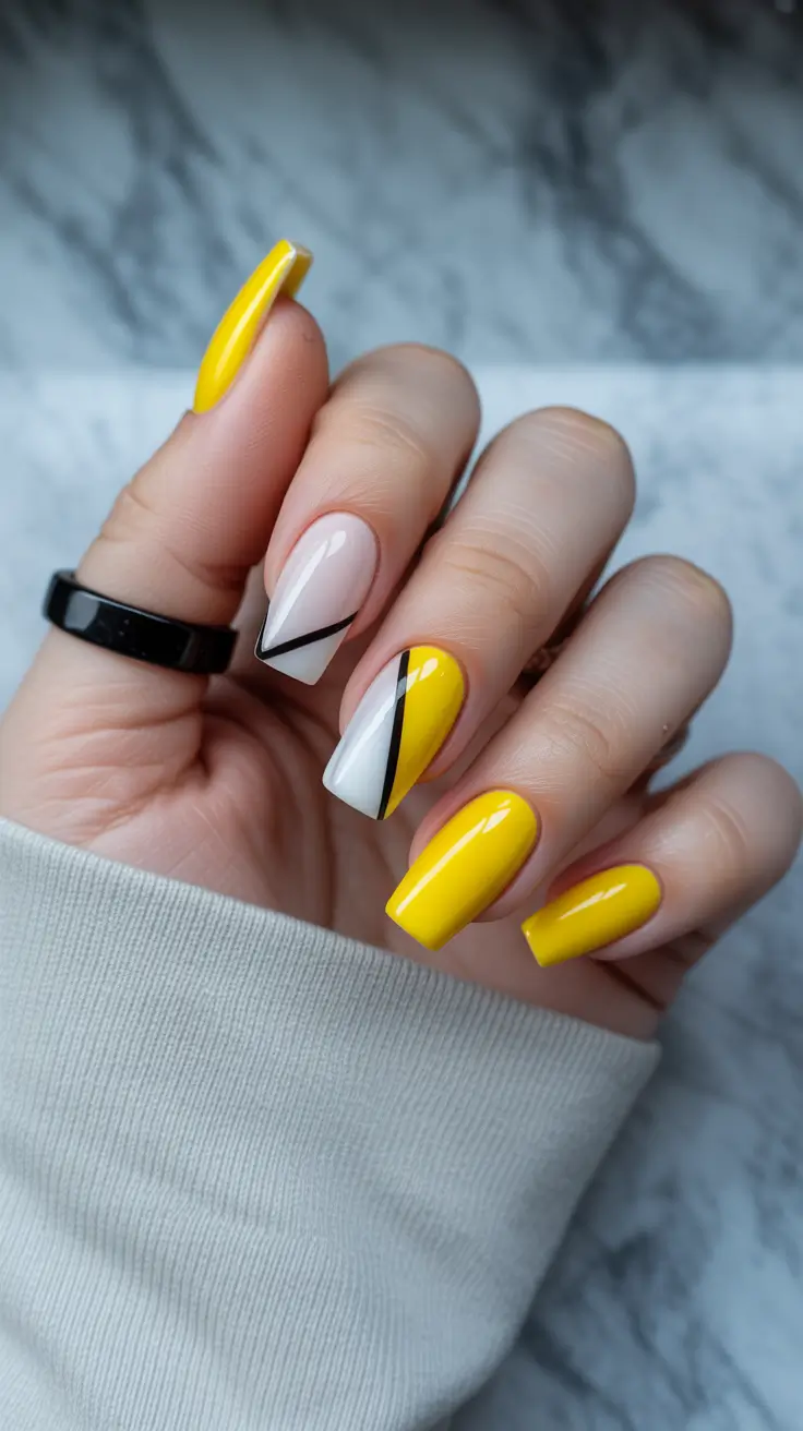 spring nails for pale skin Graphic Yellow And Neutral Color Block Nails For Bold Spring Style
