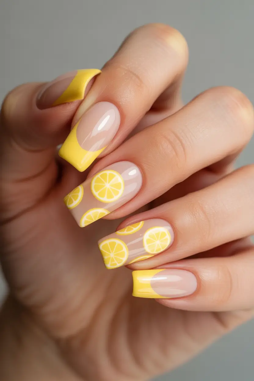 spring nails for pale skin Lemon Inspired French Tip Nails With Playful Citrus Art