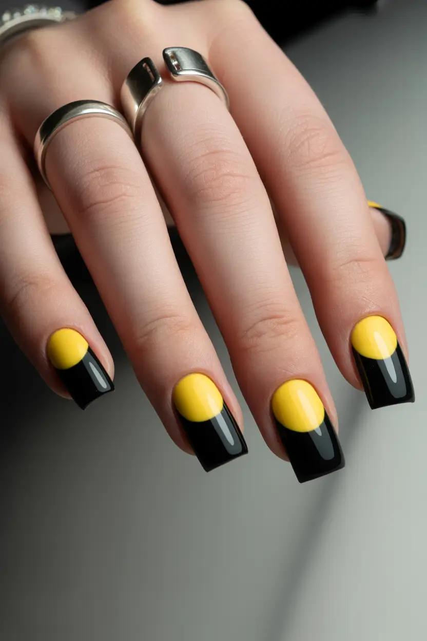 spring nails for pale skin Bold Black And Yellow Half Moon Nails With Graphic Contrast