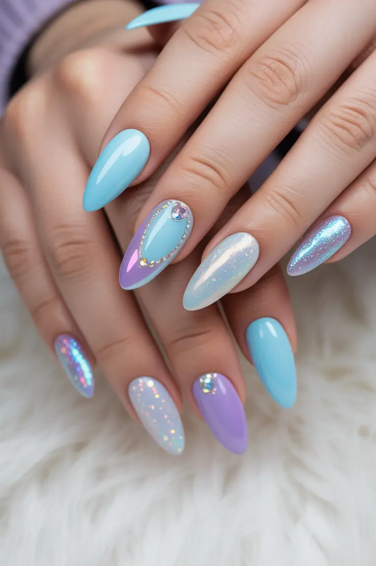 spring nails for pale skin Dreamy Pastel Blue And Lavender Nails With Sparkling Details