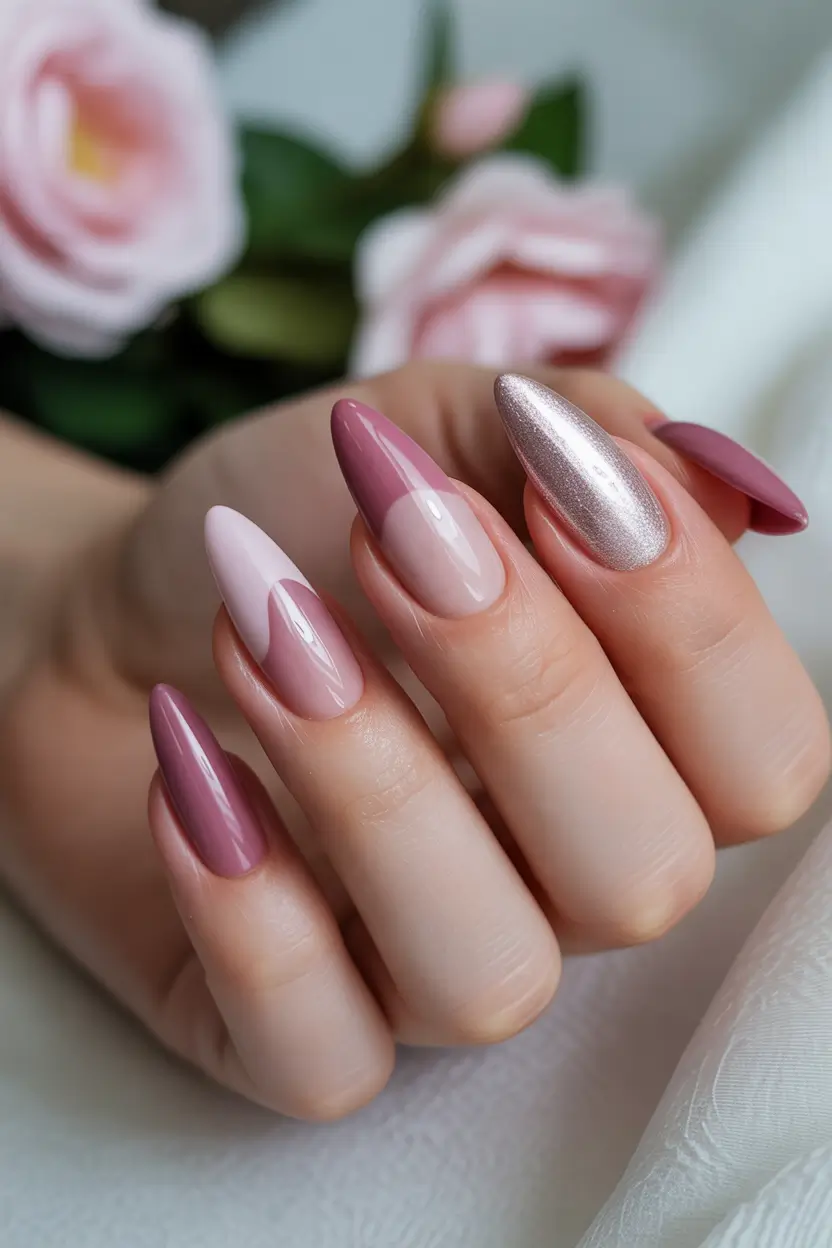 spring nails for pale skin Soft Mauve Almond Nails With Subtle Metallic Shine