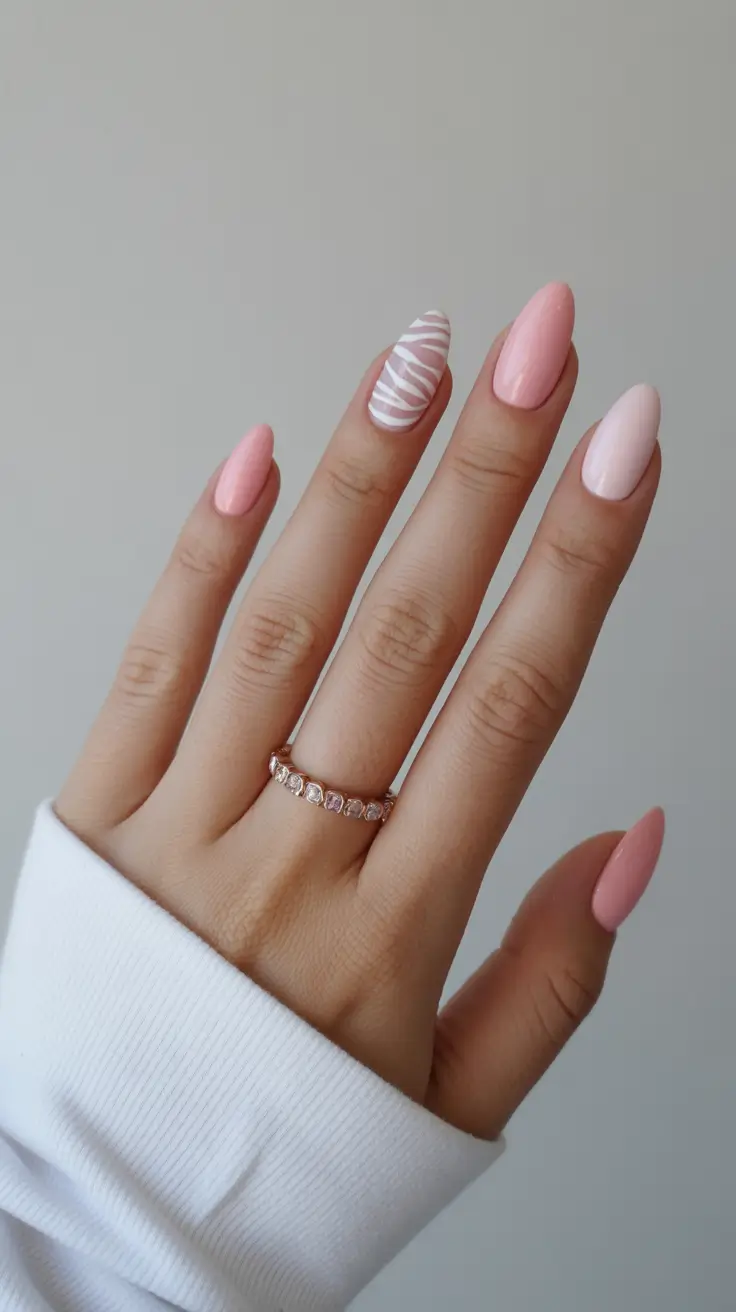 spring nails for pale skin Minimal Light Pink Almond Nails With Delicate Zebra Accent